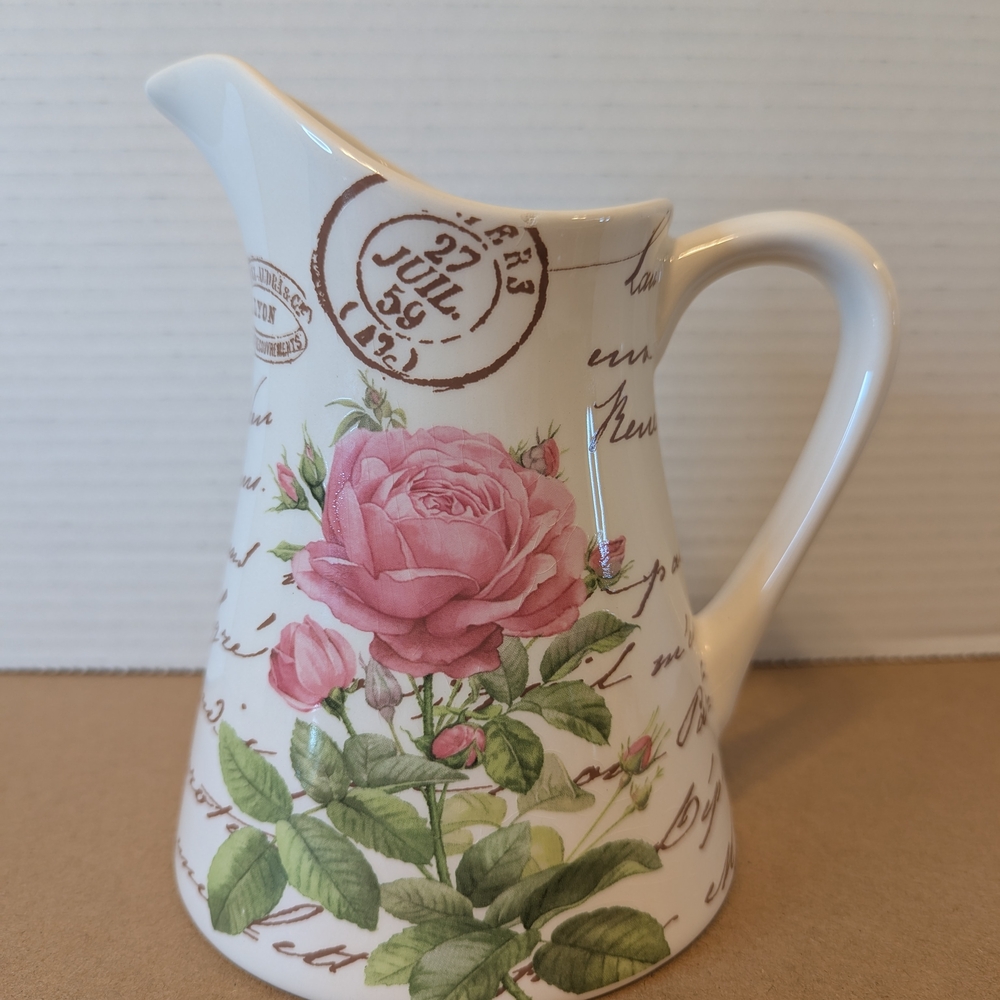 Floral Ceramic Pitcher Vase with Pink Rose Design